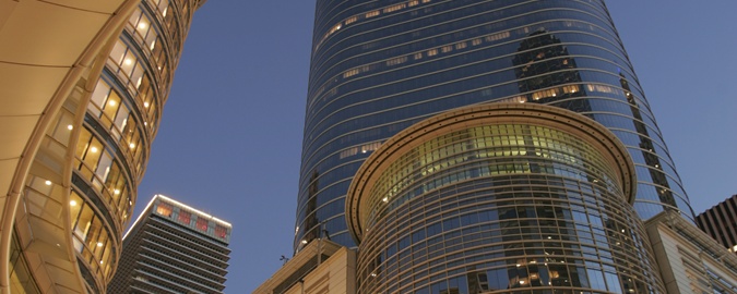 Photo of downtown Houston city scape at night.