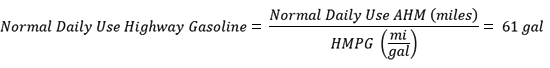 Normal Daily Use Highway Gasoline = Normal Daily Use AHM (miles) / HMPG (mi/gal) = 61 gal