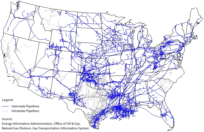 Map of the U.S. natural gas pipeline network consisting of intrastate and interstate pipelines.