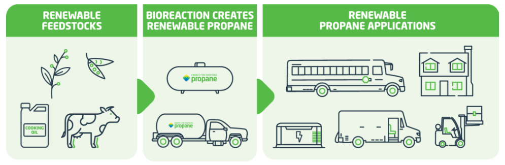 Graphic showing how renewable propane is sourced from renewable feedstocks, produced through bioreactions, and used in a variety of applications.